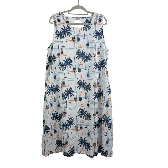 Fairhope Blue White Sunset Sail Shift Midi Dress XXL Coastal Beach Pockets - Picture 1 of 12